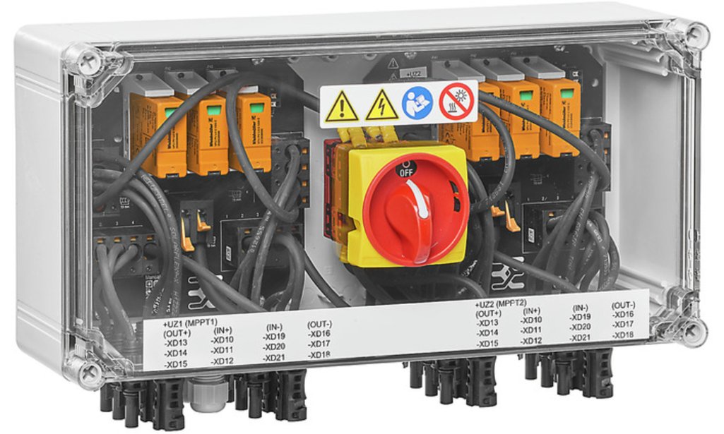 Coffret DC Weidmuller Next 1000 V, 2 MPPT, 3 entrées / 3 sorties par MPPT, Sans porte-fusible, Protection Surtension I et II, Interrupteur-sectionneur,  MC4